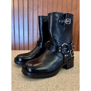 Razzle Centar Mid Black Moto Biker Boots Women 8 39 Buckles Chunky Punk Grunge